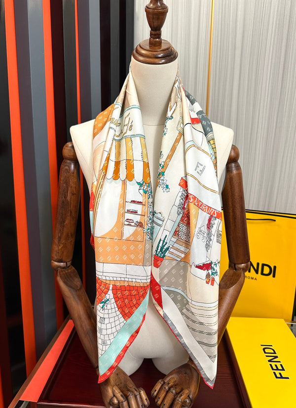 FF 90CM Scarf Orange White Mulberry Silk 103065