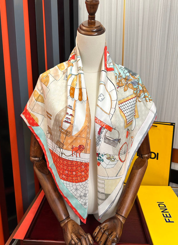 FF 90CM Scarf Orange White Mulberry Silk 103065