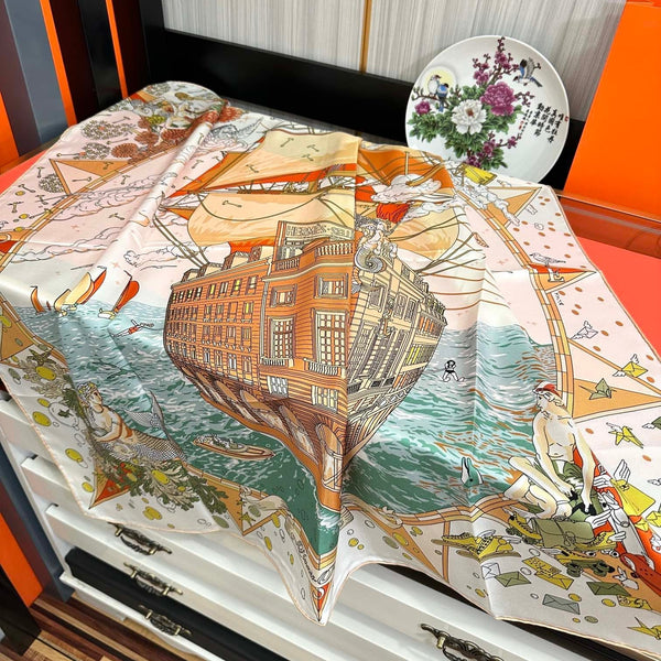 HM 25s Major Scarf 90cm Orange Beige Blue Cashmere 972937