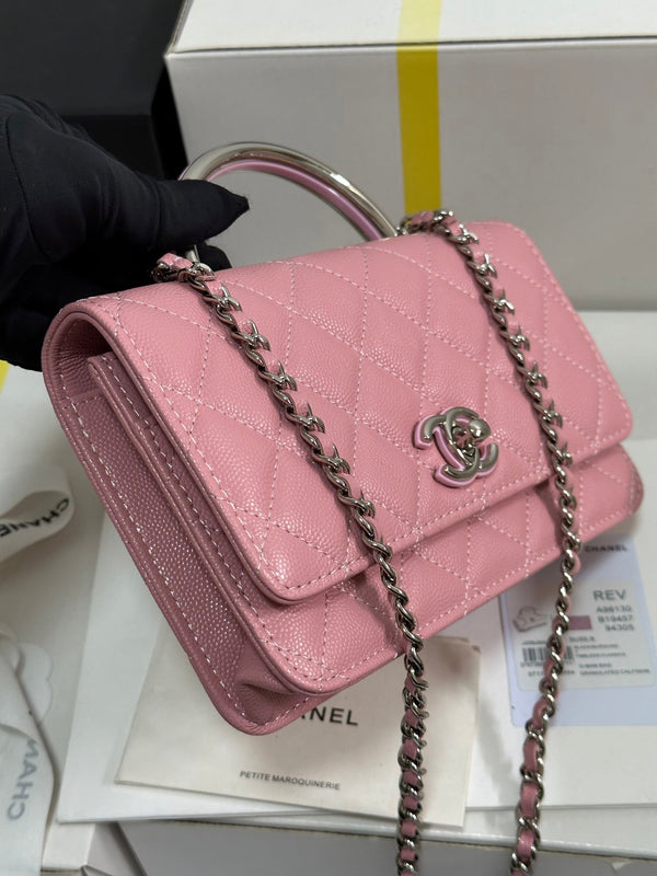 CC 25P Wallet Woc Handle 19cm Pink Pastel Leather Silver Hardware 243448