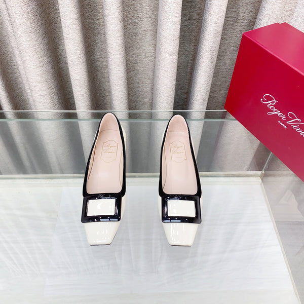 Viv Trompette Thick Heel Pumps White Cowhide Leather 283048