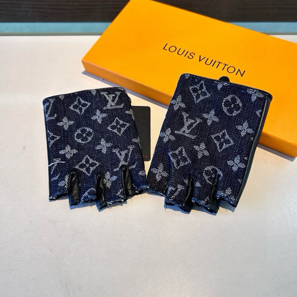 FINGERLESS GLOVES IN BLACK MONOGRAM DENIM AND LAMBSKIN 460108