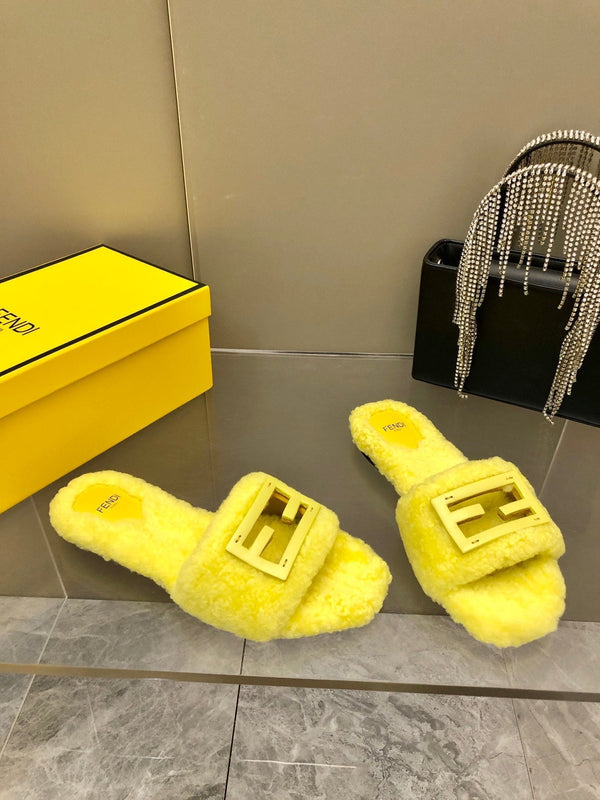 FENDI BAGUETTE SLIDE SLIPPERS IN BRIGHT YELLOW WOOL