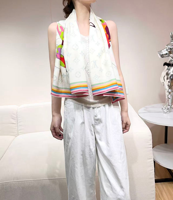 LV x TM SUPERFLAT 140cm White Multicolor Silk Wool 978742