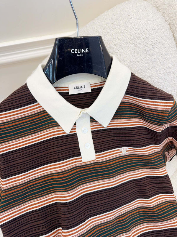 Celine 25 Striped Polo Shirt Brown Cotton