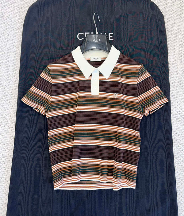 Celine 25 Striped Polo Shirt Brown Cotton