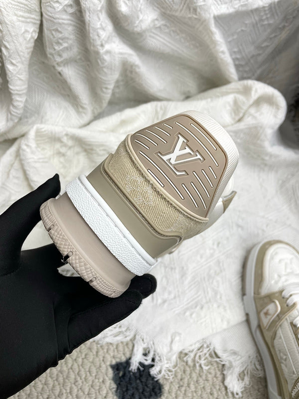 LV Trainer Sneaker White Taupe Denim Cowhide 611153