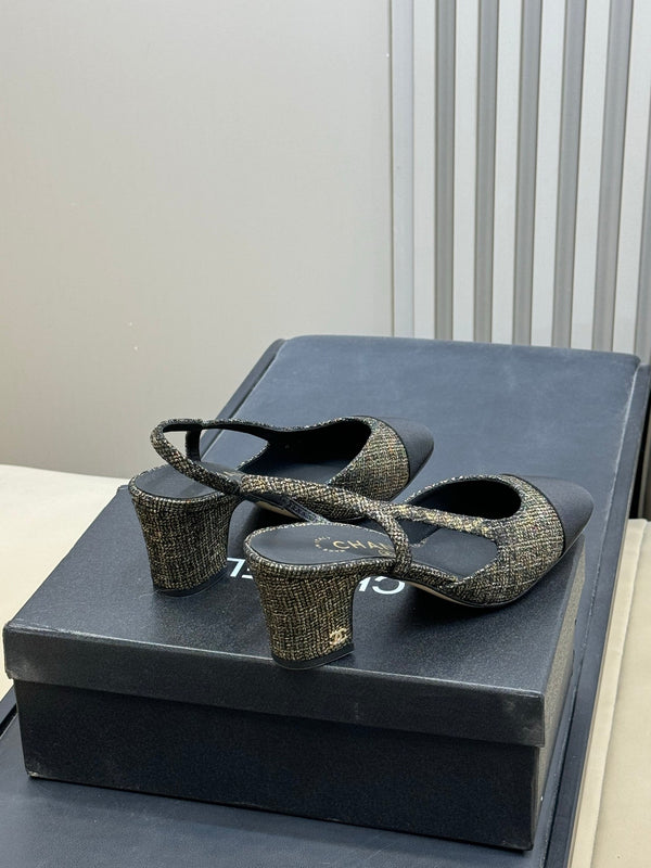 CC 26ss Slingback 7cm Black Gold Tweed Velvet 623156