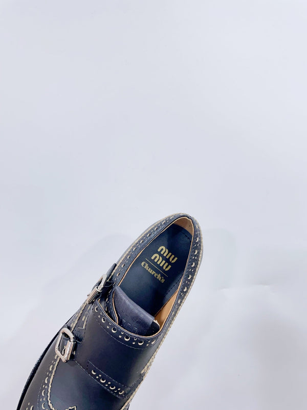 Miu-Church's Loafers Black With White Border Nubuck Leather