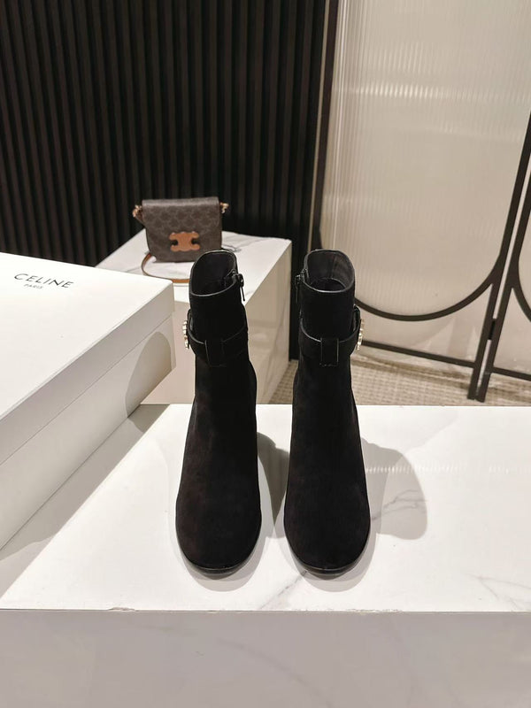 Celine Garance Triomphe Strap Boot 60mm Black Suede