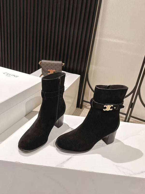 Celine Garance Triomphe Strap Boot 60mm Black Suede