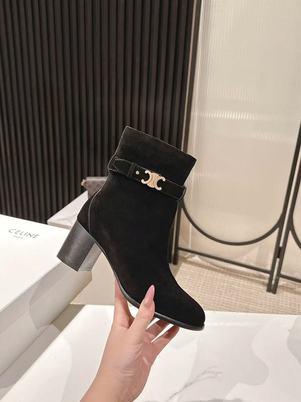 Celine Garance Triomphe Strap Boot 60mm Black Suede
