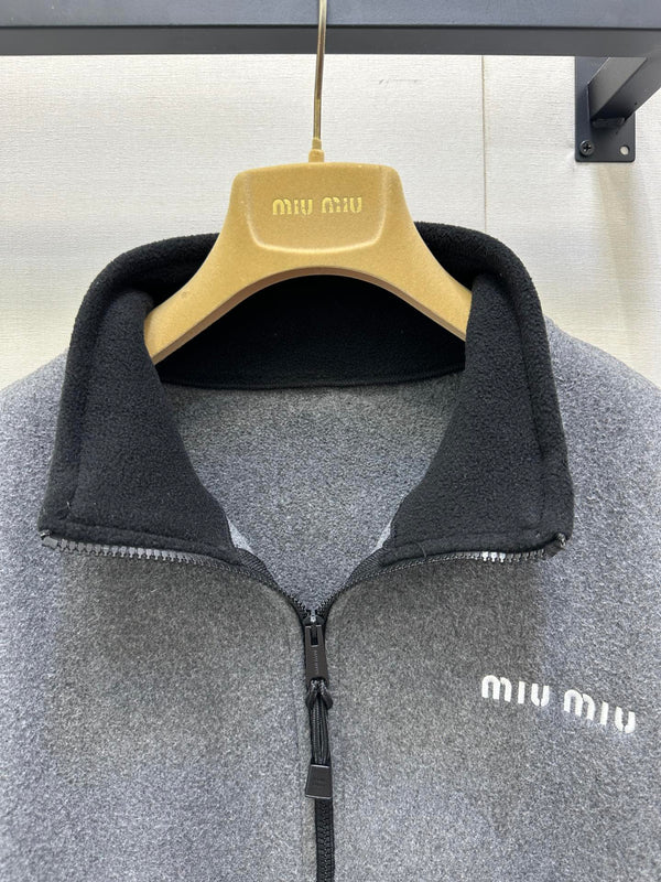 Miu Embroidered Fleece Hooded Zip-Up Jacket Dark Grey Cashmere 346110