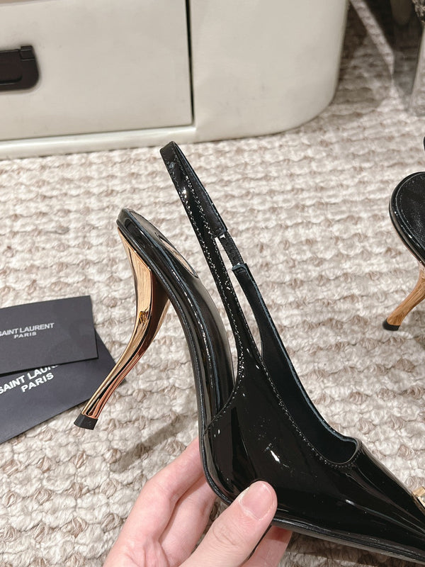 DUNE HIGH 10 CM SLINGBACK PUMPS IN BLACK PATENT LEATHER WITH CRYSTAL