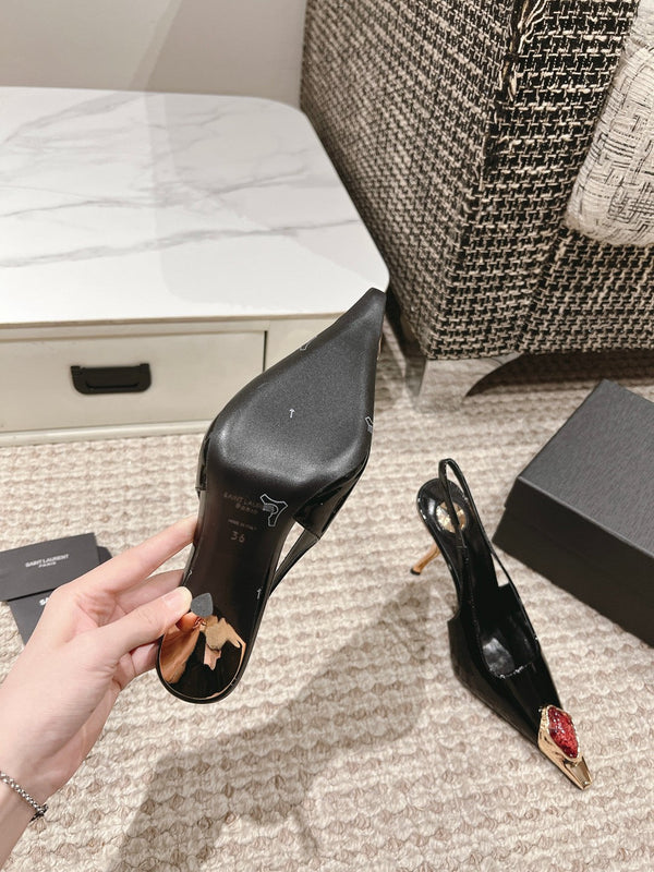 DUNE HIGH 10 CM SLINGBACK PUMPS IN BLACK PATENT LEATHER WITH CRYSTAL