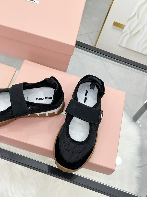 Miu Tyre Ballerina Shoes Black Suede Fabric 456339