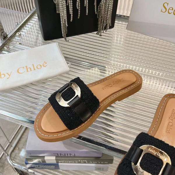 CHLOÉ WOVEN SLIDE MULE IN BLACK WOOL AND BROWN LAMBSKIN GOLD HARDWARE