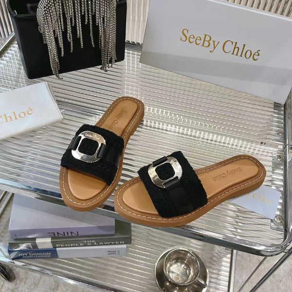 CHLOÉ WOVEN SLIDE MULE IN BLACK WOOL AND BROWN LAMBSKIN GOLD HARDWARE