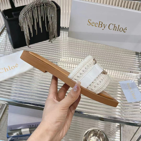 CHLOÉ WOVEN SLIDE MULE IN WHITE WOOL AND BROWN LAMBSKIN GOLD HARDWARE