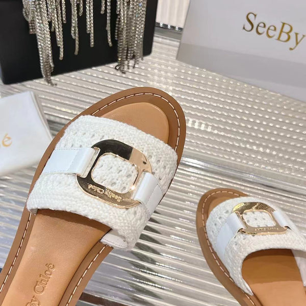 CHLOÉ WOVEN SLIDE MULE IN WHITE WOOL AND BROWN LAMBSKIN GOLD HARDWARE