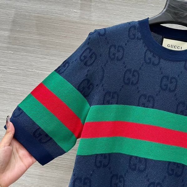 Gucci 25 Mesh Short-sleeved Top Blue Tencel