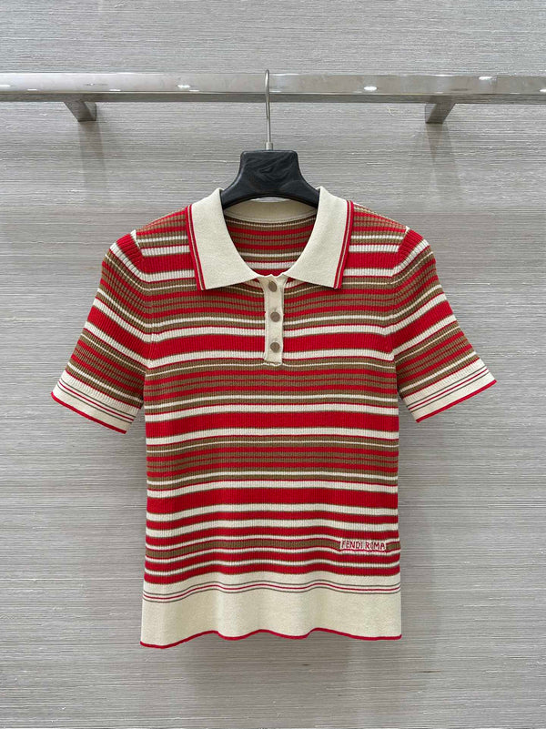 Fendi 25 Knitted Polo Short-sleeved Top Red Silk Cotton