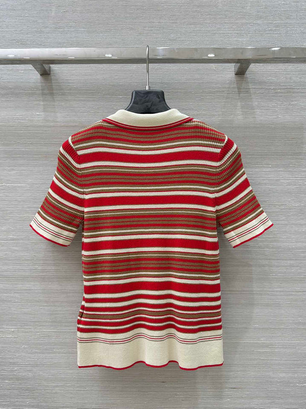 Fendi 25 Knitted Polo Short-sleeved Top Red Silk Cotton