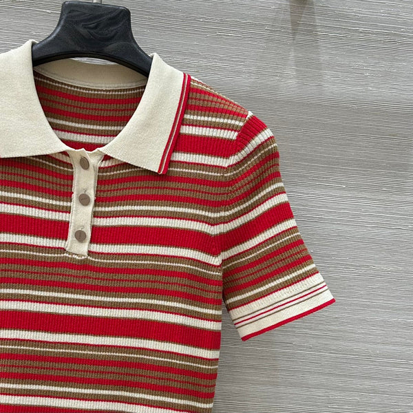 Fendi 25 Knitted Polo Short-sleeved Top Red Silk Cotton