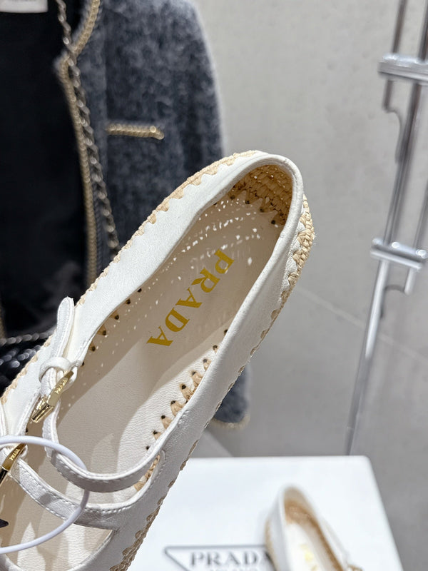 Pra 2025 Ballet Flat White Beige Cowhide Woven 554288