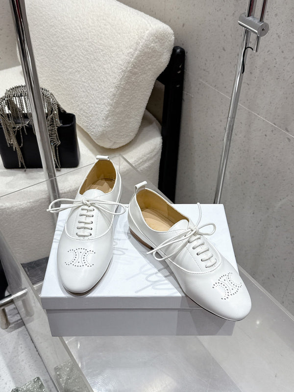 Celine 25 Lise Perforated Triomphe Richelieu Shoe White Lambskin 554196