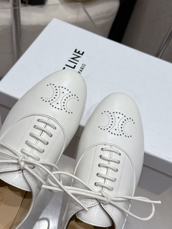 Celine 25 Lise Perforated Triomphe Richelieu Shoe White Lambskin 554196