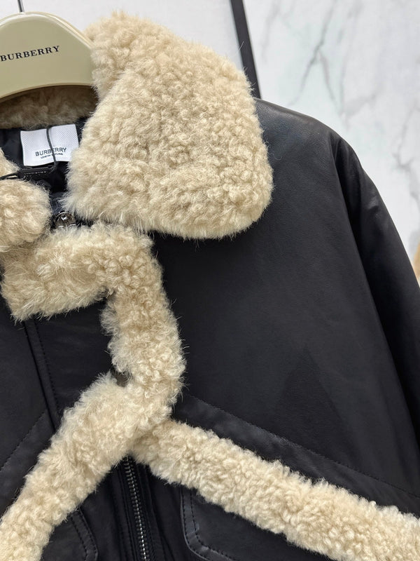 Burberry 25 Shearling-trimmed Bomber Jacket Black Cream Fur Leather