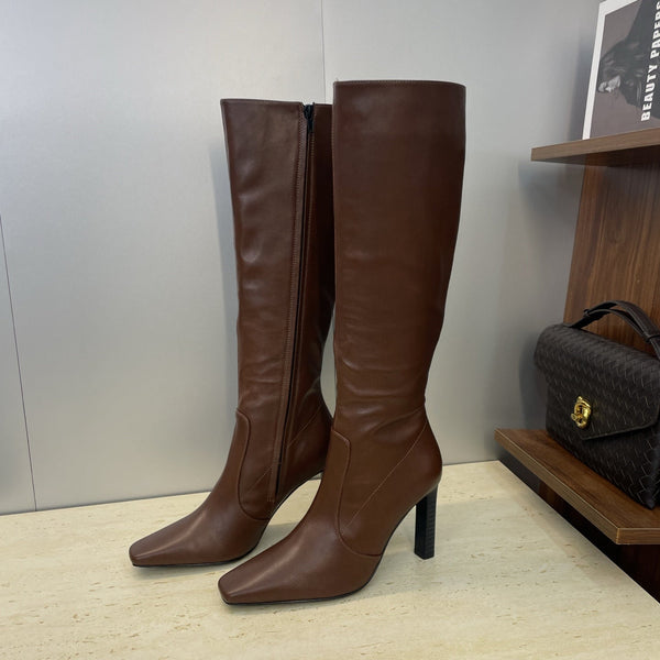 YSL 2025 Square Toe Over-the-Knee Rider Boots Brown Calfskin 574017