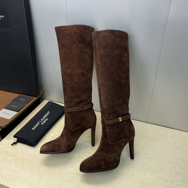 YSL 2025 High-Heeled Pointed-Toe Knee-High Rider Boot Brown Suede 574020