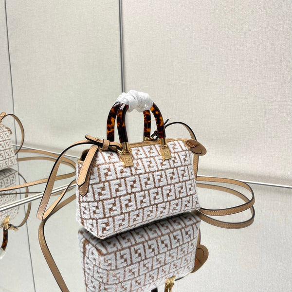 BY THE WAY MINI 18 IN WHITE WOOL AND CAMEL BROWN RAFFIA CALFSKIN TRIM