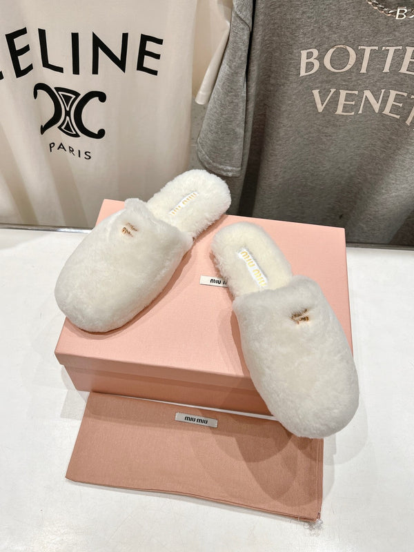 Miu Slippers White Soft Imported Wool And Fur