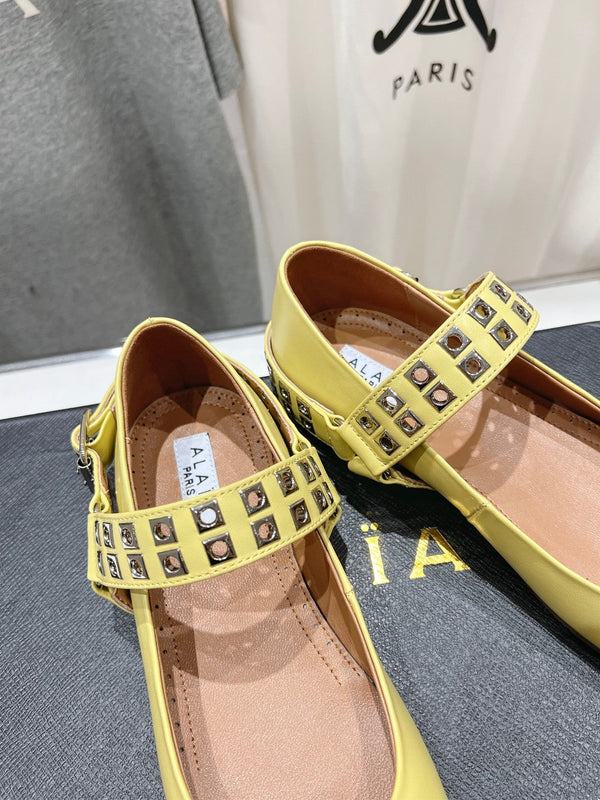 Alaila Biker Ballet Flats In Light Yellow Cowhide 911436