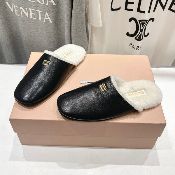 Miu Slippers Glossy Black Imported Sheepskin