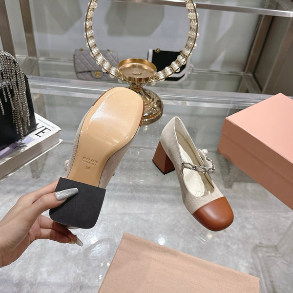 Miu 25C Mary Jane 75MM Beige Cream Mix Brown Fabric 235367