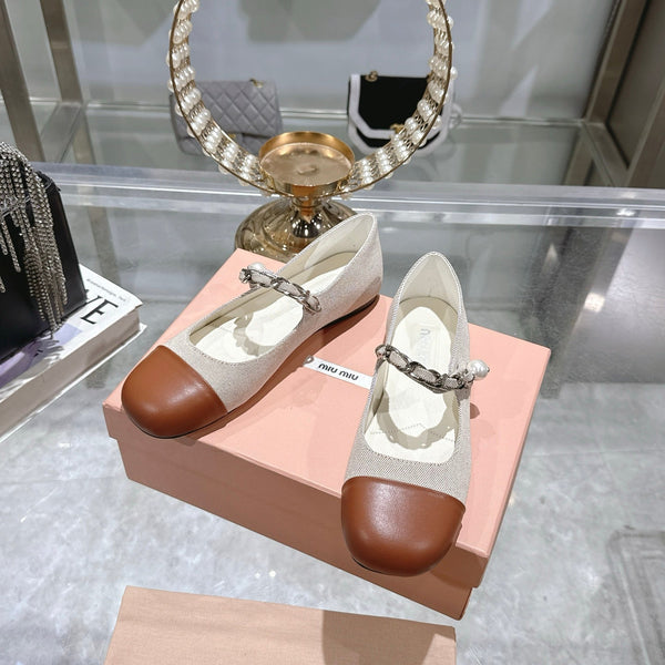 Miu 25C Mary Jane Flat Beige Cream Mix Brown Fabric 235369