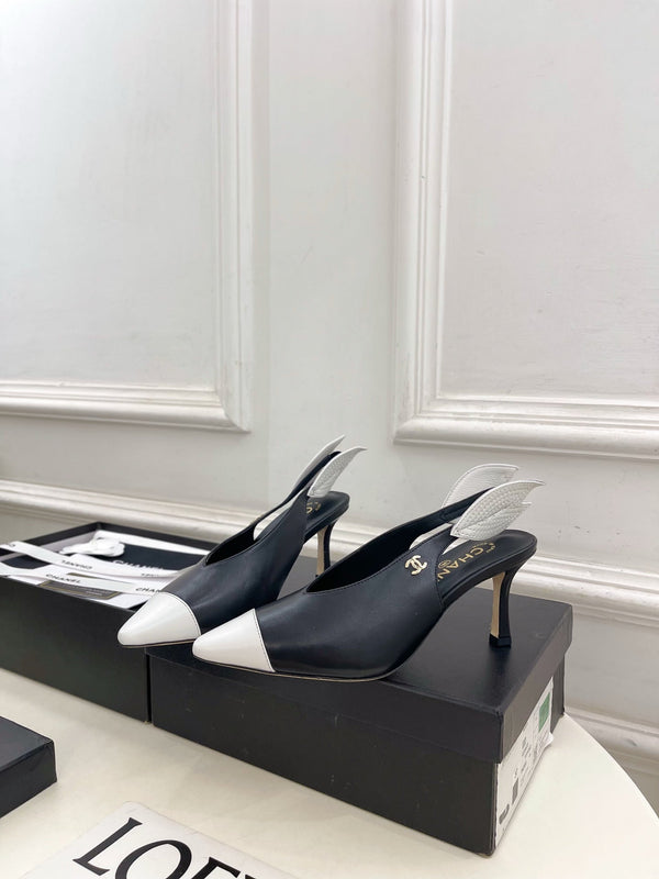 CC 26 SS Open-Back Sandals 7.5cm Black White Calfskin 586931