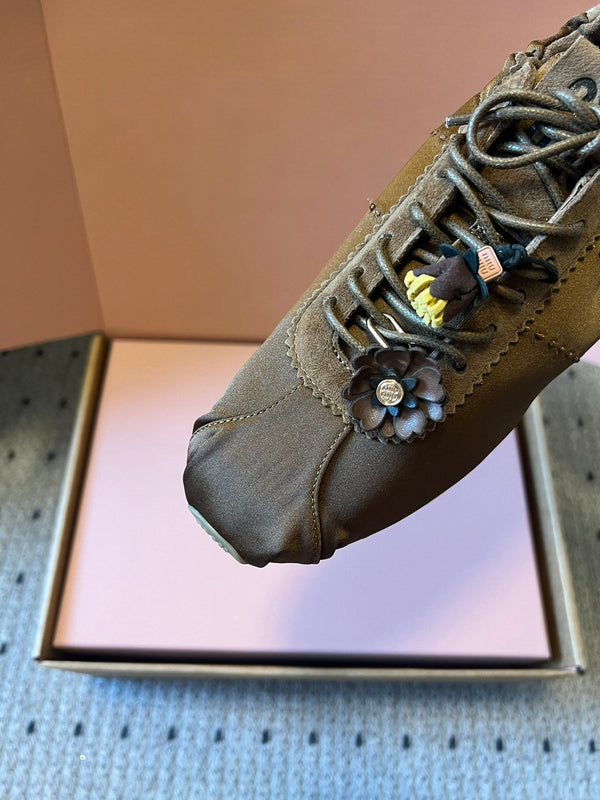 Miu Miu 2026 Plume Sneaker With Floral Charm Brown Satin 621344