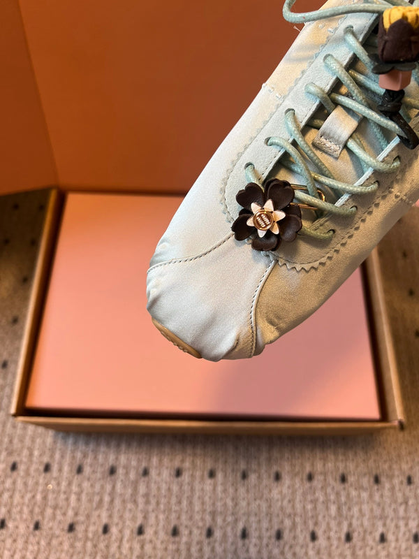 Miu Miu 2026 Plume Sneaker With Floral Charm Light Blue Satin 621342