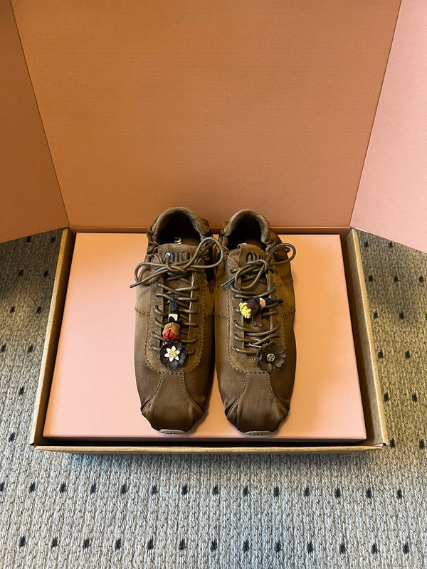 Miu Miu 2026 Plume Sneaker With Floral Charm Brown Satin 621344