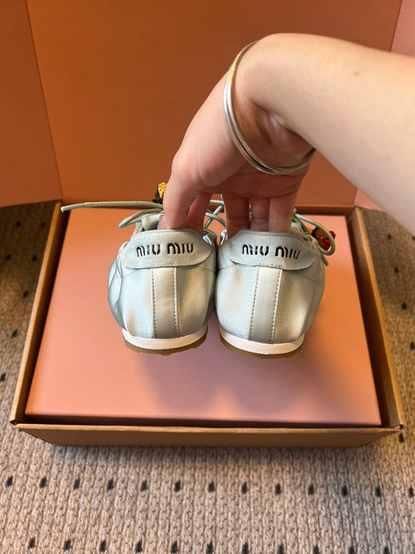 Miu Miu 2026 Plume Sneaker With Floral Charm Light Blue Satin 621342