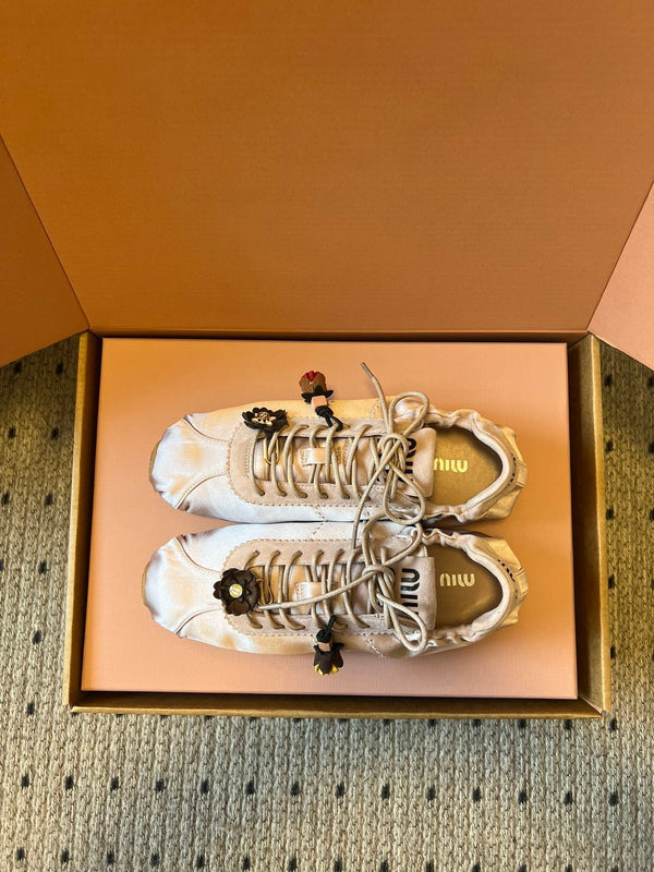 Miu Miu 2026 Plume Sneaker With Floral Charm Pink Satin 621345