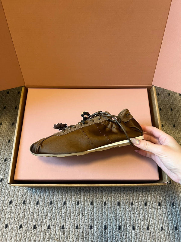 Miu Miu 2026 Plume Sneaker With Floral Charm Brown Satin 621344