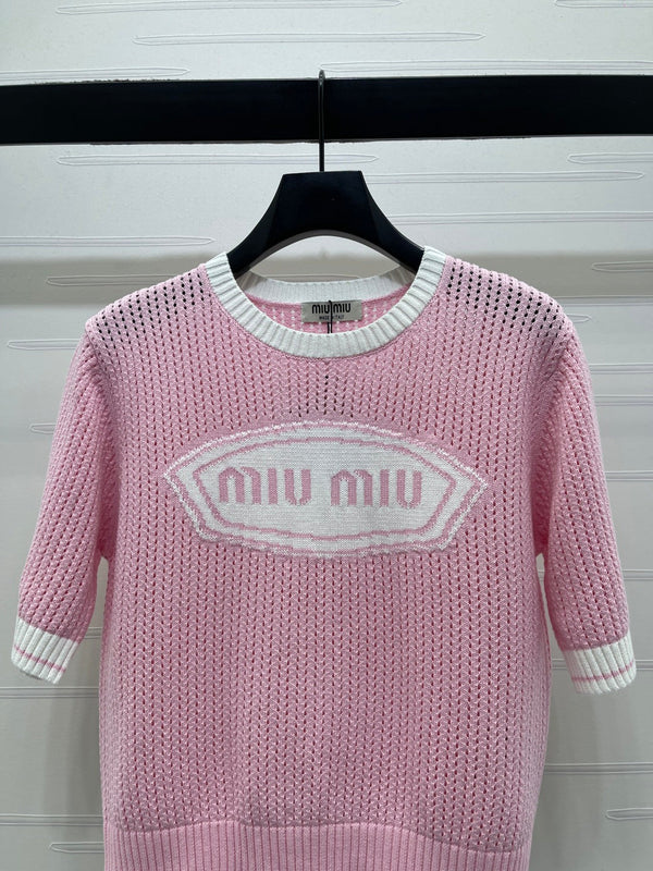 Miumiu 2026 Crew Neck Openwork Knit Short-sleeved Shirt Wool