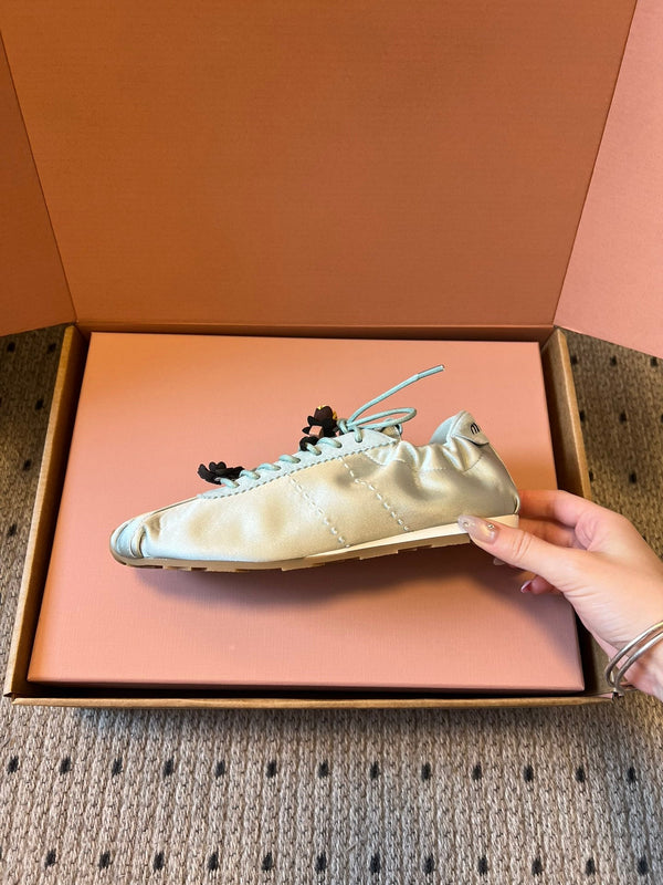 Miu Miu 2026 Plume Sneaker With Floral Charm Light Blue Satin 621342