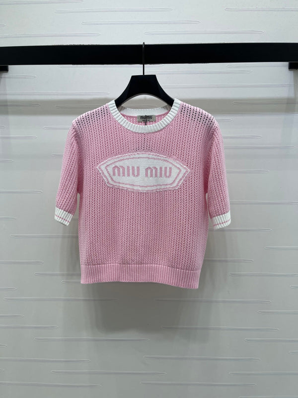 Miumiu 2026 Crew Neck Openwork Knit Short-sleeved Shirt Wool